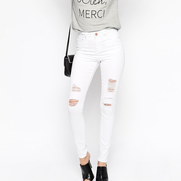ASOS Tall Ridley High Waist Skinny Jeans in Optic White with Shredded Rips - Picture 1 of 5